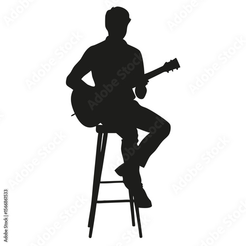 Silhouette of a musician sitting on a stool playing an acoustic guitar in a black and white illustration created with generated ai