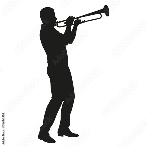 Silhouette of a man playing the trumpet with focused expression and dynamic posture against a white background created with generated ai