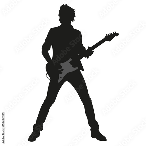 Silhouette of a guitarist in action playing an electric guitar with passion and energy on white background created with generated ai