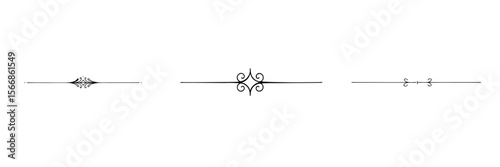Set of three refined delicate black page dividers on transparent background