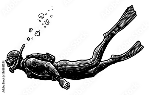 Man Freediving with Diving Suit Mask Snorkel Fins Underwater Black and White Outline Line Art Drawing
