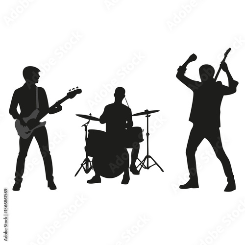 Silhouette of a band performing with a guitarist bassist and drummer on a white background stage view created with generated ai