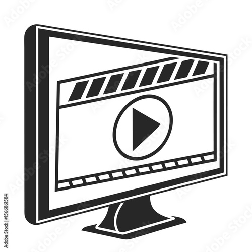 Digital movie production concept with a computer monitor displaying a clapperboard and play button icon