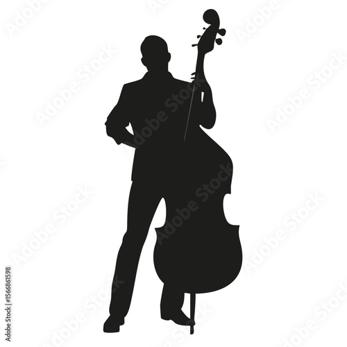 Silhouette of a musician playing a double bass instrument in a formal suit on a white background scene created with generated ai
