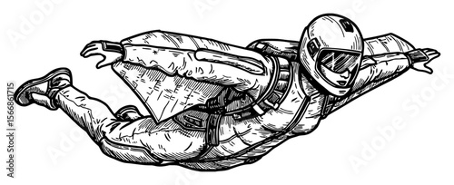 Woman Wingsuit Flying in Air Black and White Outline Line Art Drawing Vintage Engraving Style Isolated Object