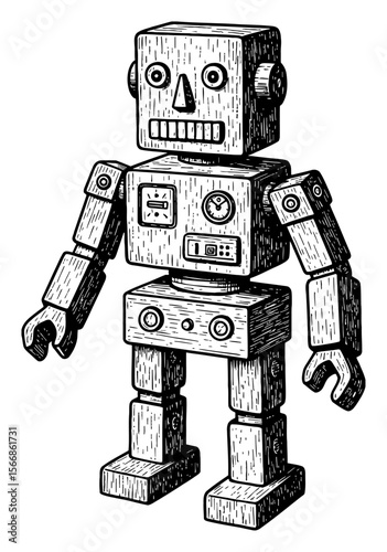 Nostalgic Wooden Robot Toy Isolated Black and White Outline Line Art Drawing Vintage Retro Style
