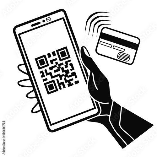 Hand holding smartphone displaying qr code for contactless payment with credit card nearby