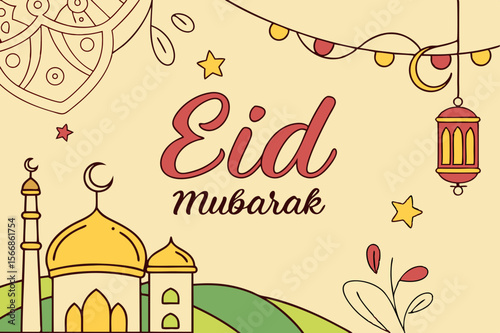 Eid Mubarak greeting with mosque and lantern islamic crescent moon