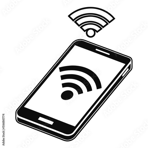 Black and white illustration of a smartphone displaying a wi fi signal icon with another wi fi symbol emanating from above