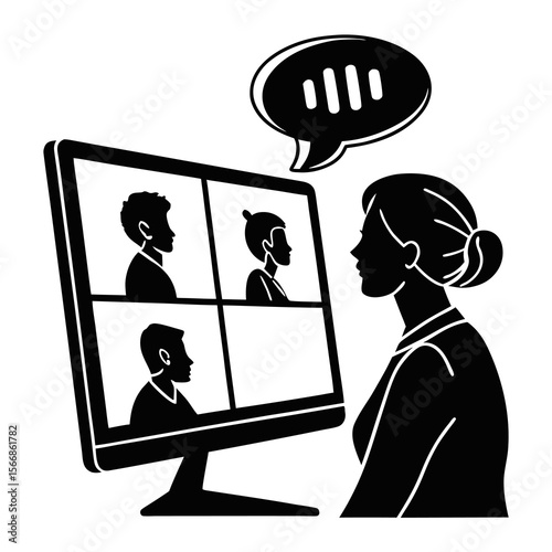 Silhouette of a woman in a video conference call with three other participants displayed on a computer screen