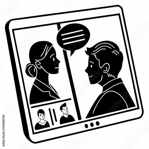 Diverse team members engage in a virtual meeting on a tablet screen with video conferencing and chat bubbles