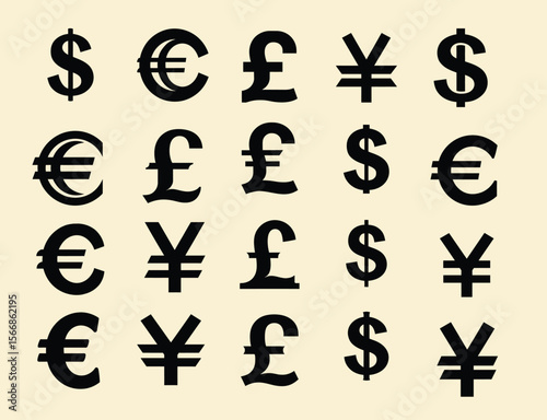 Collection of Currency Symbols Dollar, Euro, Pound, Yen - High-Resolution Vector Icons for Finance, Business, and Economics