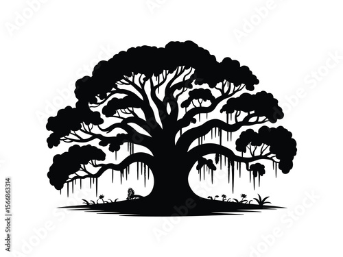 A black and white silhouette illustration of a large oak tree with cascading Spanish moss