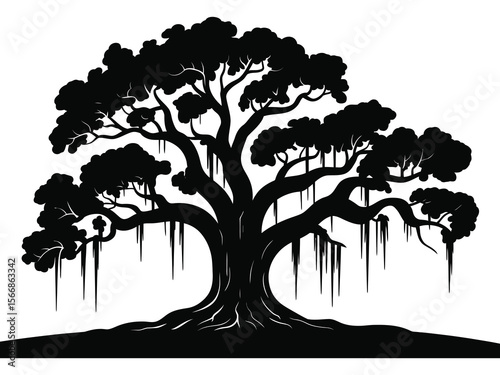 A black and white silhouette illustration of a large oak tree with cascading Spanish moss