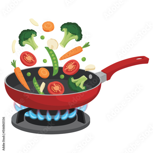 Fresh Vegetables Stir Frying in Red Pan on Gas Stove