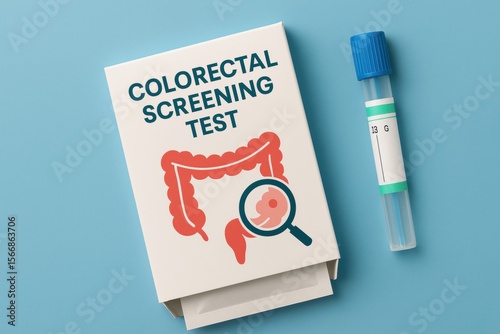 Colorectal Screening Test: A close-up view of a colorectal screening test kit, a symbol of proactive health management, with an illustration of the digestive system and a specimen container.