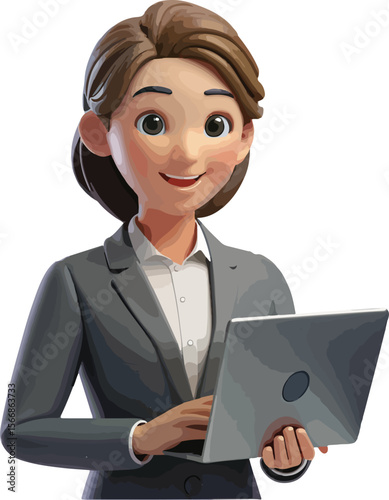 Professional 3D female character working with a laptop and headset, ideal for customer service, support, and virtual meetings.
