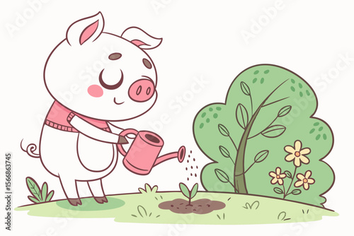 Vector cute Pig cartoon character, holding a watering can, tending to a small garden, nurturing and calm expression, blooming flowers, natural light, isolated on white background