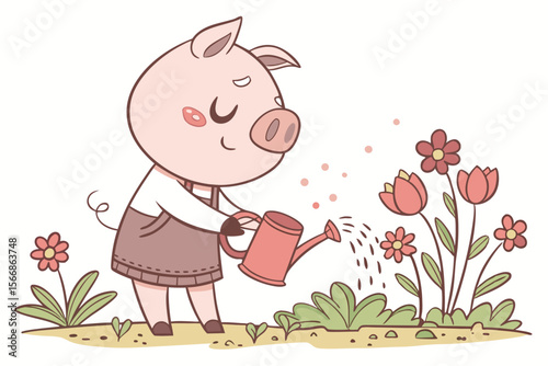 Vector cute Pig cartoon character, holding a watering can, tending to a small garden, nurturing and calm expression, blooming flowers, natural light, isolated on white background