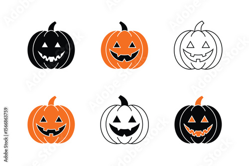 Halloween Pumpkins Vector Illustration. Jack o lantern icons in black orange and outline styles.