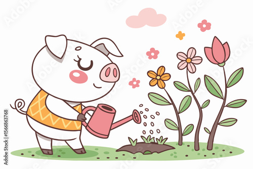 Vector cute Pig cartoon character, holding a watering can, tending to a small garden, nurturing and calm expression, blooming flowers, natural light, isolated on white background