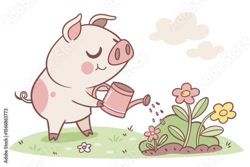 Vector cute Pig cartoon character, holding a watering can, tending to a small garden, nurturing and calm expression, blooming flowers, natural light, isolated on white background