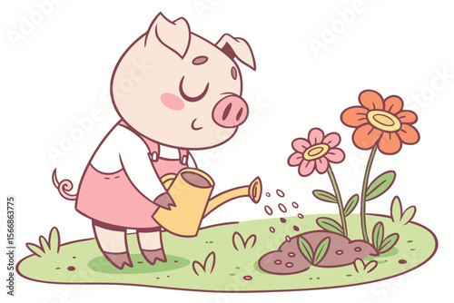 Vector cute Pig cartoon character, holding a watering can, tending to a small garden, nurturing and calm expression, blooming flowers, natural light, isolated on white background