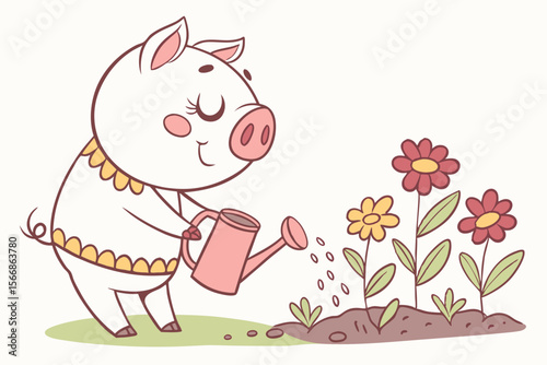 Vector cute Pig cartoon character, holding a watering can, tending to a small garden, nurturing and calm expression, blooming flowers, natural light, isolated on white background