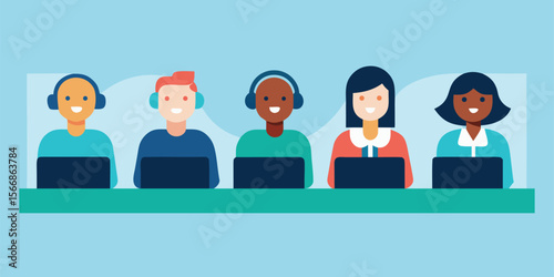 Multicultural team working remotely with laptops and headphones flat vector illustration