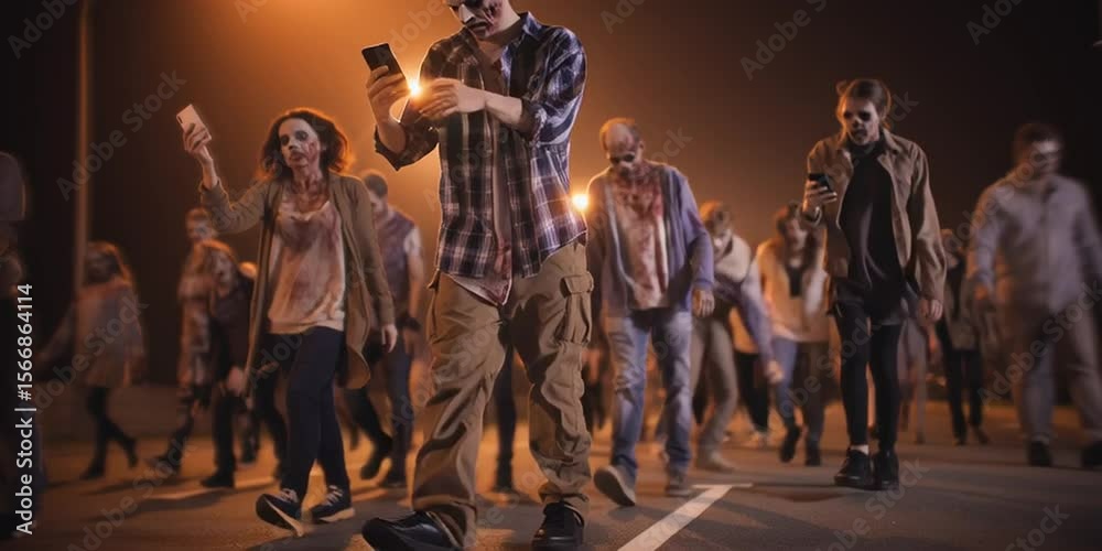 A zombie horde during an undead viral outbreak glued to their smartphones and mobile electronics devices using social media
