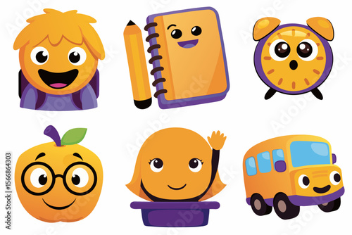 Colorful cartoon characters including a schoolboy, clock, and notebook. Back to School motive  