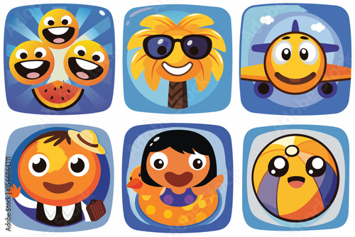 Cartoon characters enjoying summer activities on colorful backgrounds. Summer Vacation  motive