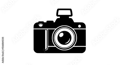Black Silhouette of a Digital Camera with a Flash and Lens