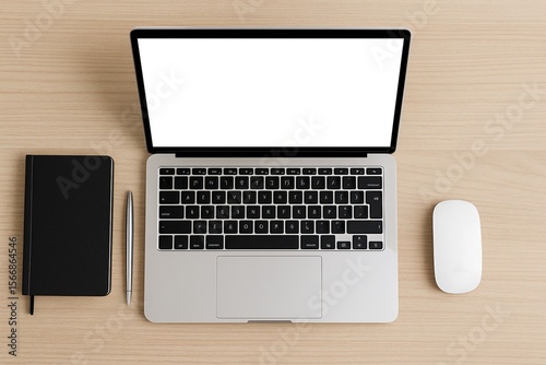 Flat lay photo of a clean and minimalist home office setup mockup a laptop with blank screen, black notebook, silver pen, and wireless mouse on a light wooden desk. Ideal for business.