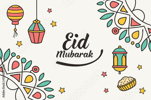 Eid Mubarak festive greeting with lanterns and stars celebration islamic