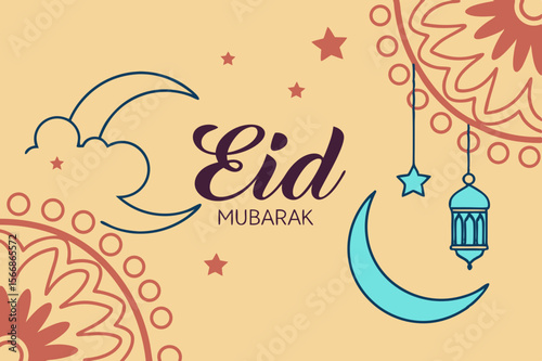 Eid Mubarak Islamic Greeting With Crescent Moon And Lantern vector