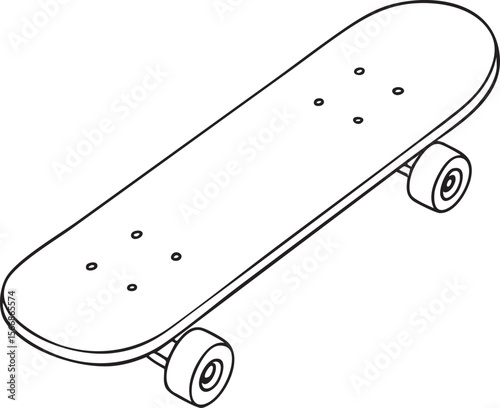 Monochrome Line Art Illustration of a Skateboard with Wheels and Mounting Holes on a White Background