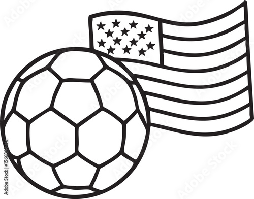 Black and White Line Art Illustration Featuring a Soccer Ball and the American Flag Together simple