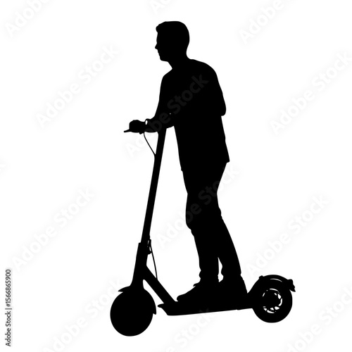 Silhouette of a person riding an electric scooter in an urban environment