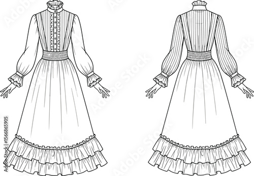 Victorian style long dress flat sketch, vintage fashion design, ruffle hem details, high neck, puff sleeve gown, front and back CAD vector illustration