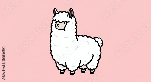 A cartoon illustration of a fluffy white llama with black outlines on a light pink background color