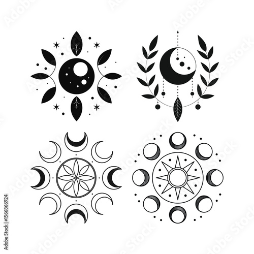 Celestial Black and White Vector Designs Featuring Moon Phases and Botanical Elements