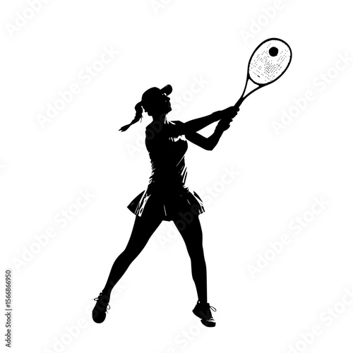 Female Tennis Player in Action Silhouette Striking the Ball with Racket during Match