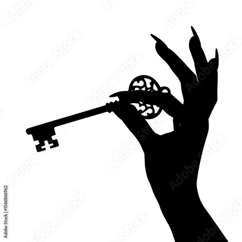 Mysterious antique key held by a shadowy hand with sharp fingernails