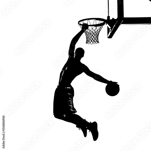 Powerful basketball player performing a slam dunk in a dramatic silhouette against a white background