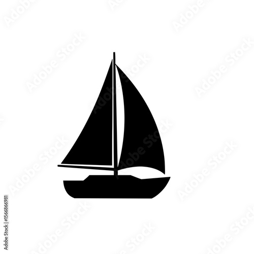 A black silhouette of a sailboat with two triangular sails against a white background representing a vessel for sea travel and recreation