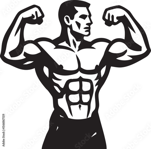 Bold Black and White Illustration of a Muscular Man Flexing Emphasizing Strength and Physical Fitness Depicted with Strong Lines