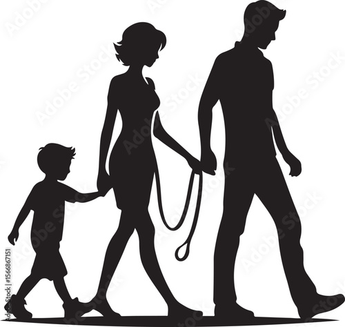 A Silhouette Family Walking Together With Their Pet Dog On A Leash