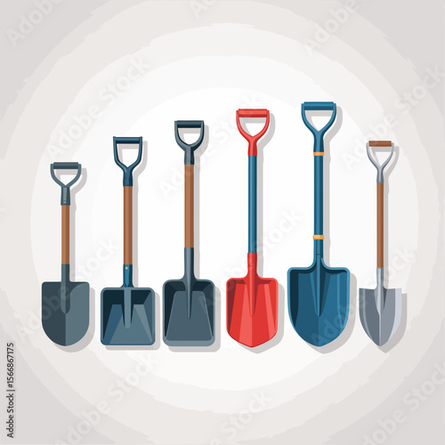 Collection of six different shovels with d shaped handles arranged in a row