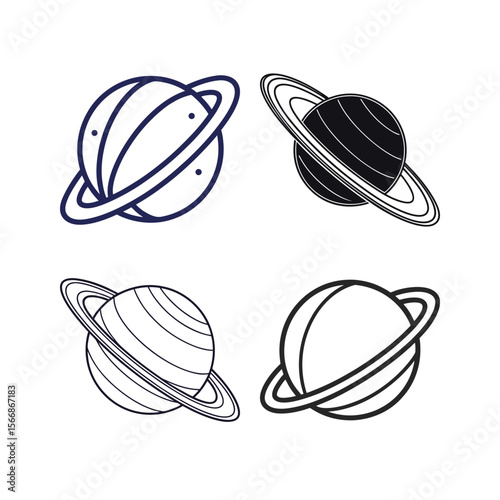 Saturn Planet Icon Set Line Art Style Black and Blue
